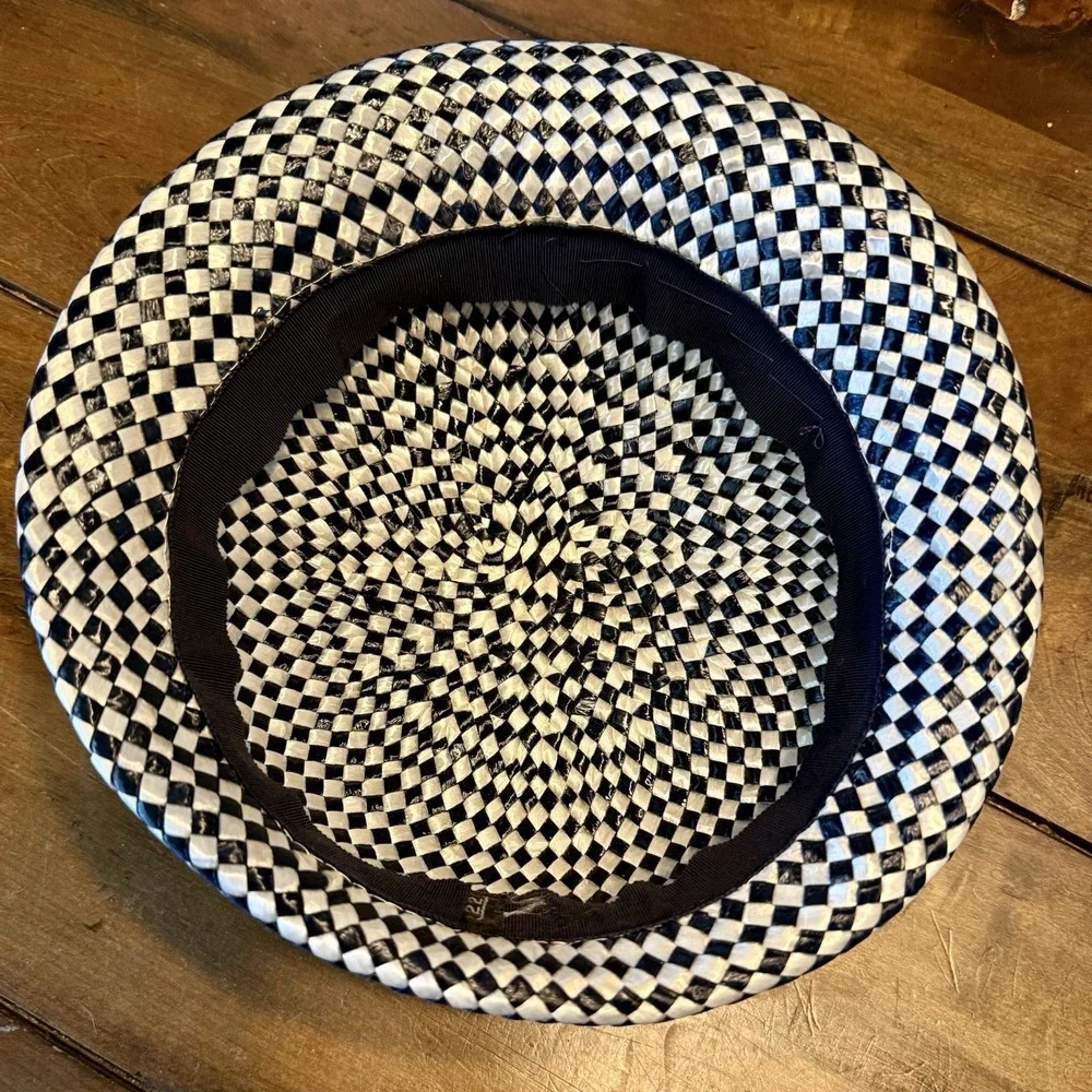 VTG 1950s MCM Women Black White Check Woven Straw Stingy Brim Trilby Hat Ribbon